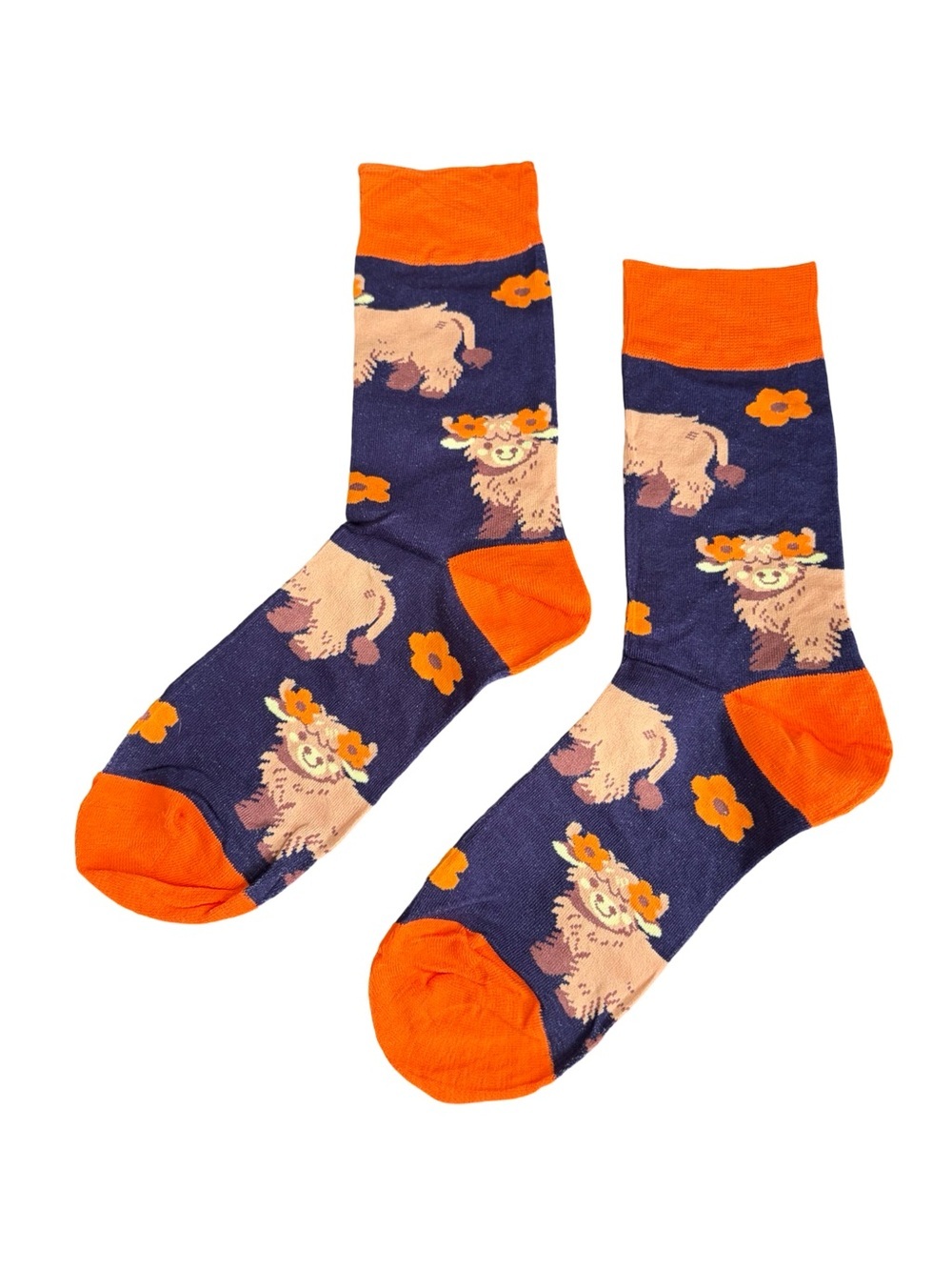 Highland Cow Novelty Crew Socks Purple Orange